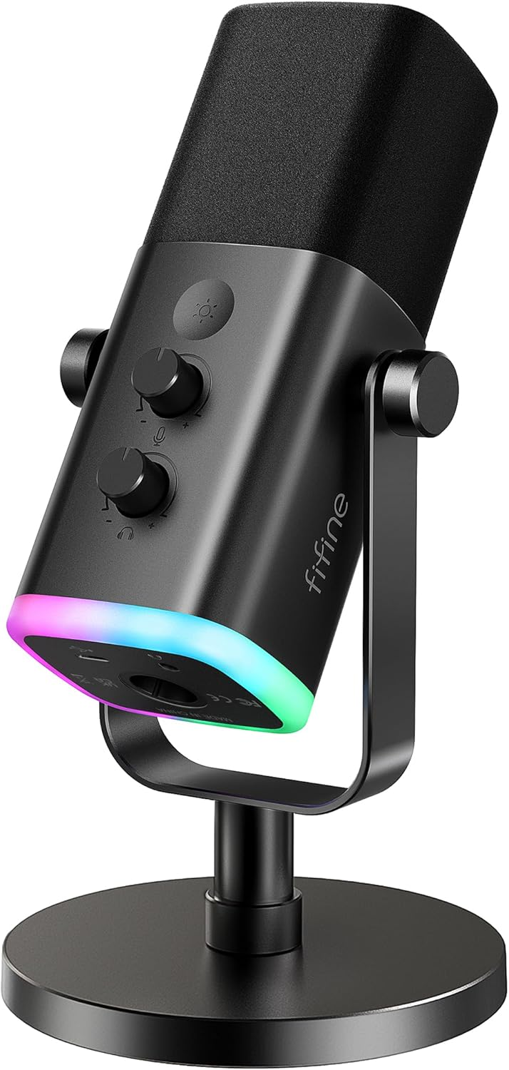 FIFINE - Micrófono dinámico XLR/USB para podcasts, de transmisión de juegos con luz RGB, botón de silencio, conector para auriculares, soporte de escritorio, para cantar YouTube-AmpliGame AM8