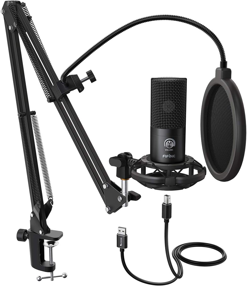 FIFINE USB Studio Condenser Microphone, Computer Mic Kit with Adjustable Boom Arm, Shock Mount for Instruments, Recording, Podcasting, YouTube, Vocal Gaming