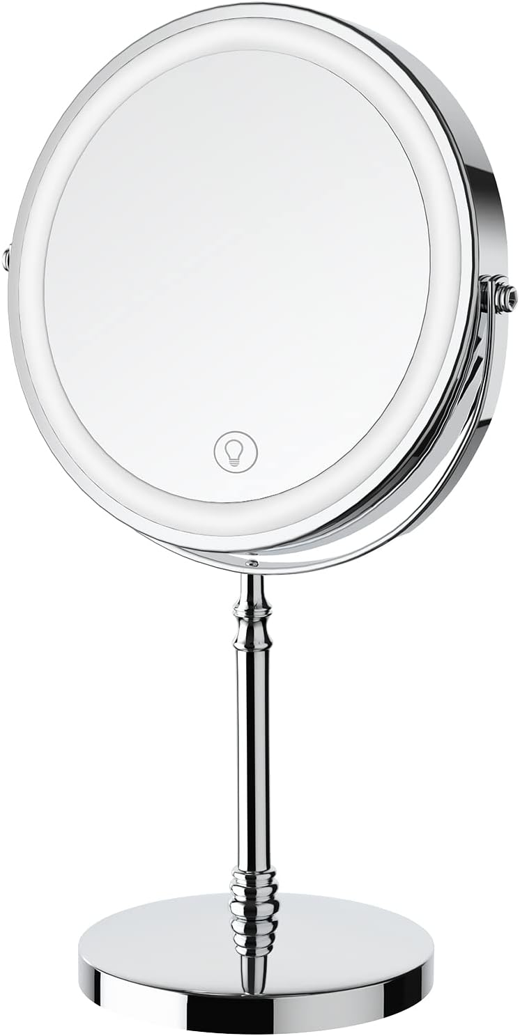 Lighted Makeup Mirror, 3000mAh Rechargeable Double-Sided Vanity Mirror with 3 Colors 1x/10x Magnification, 360° Rotation, Adjustable Brightness, Magnifying Cosmetic Lighting Mirror