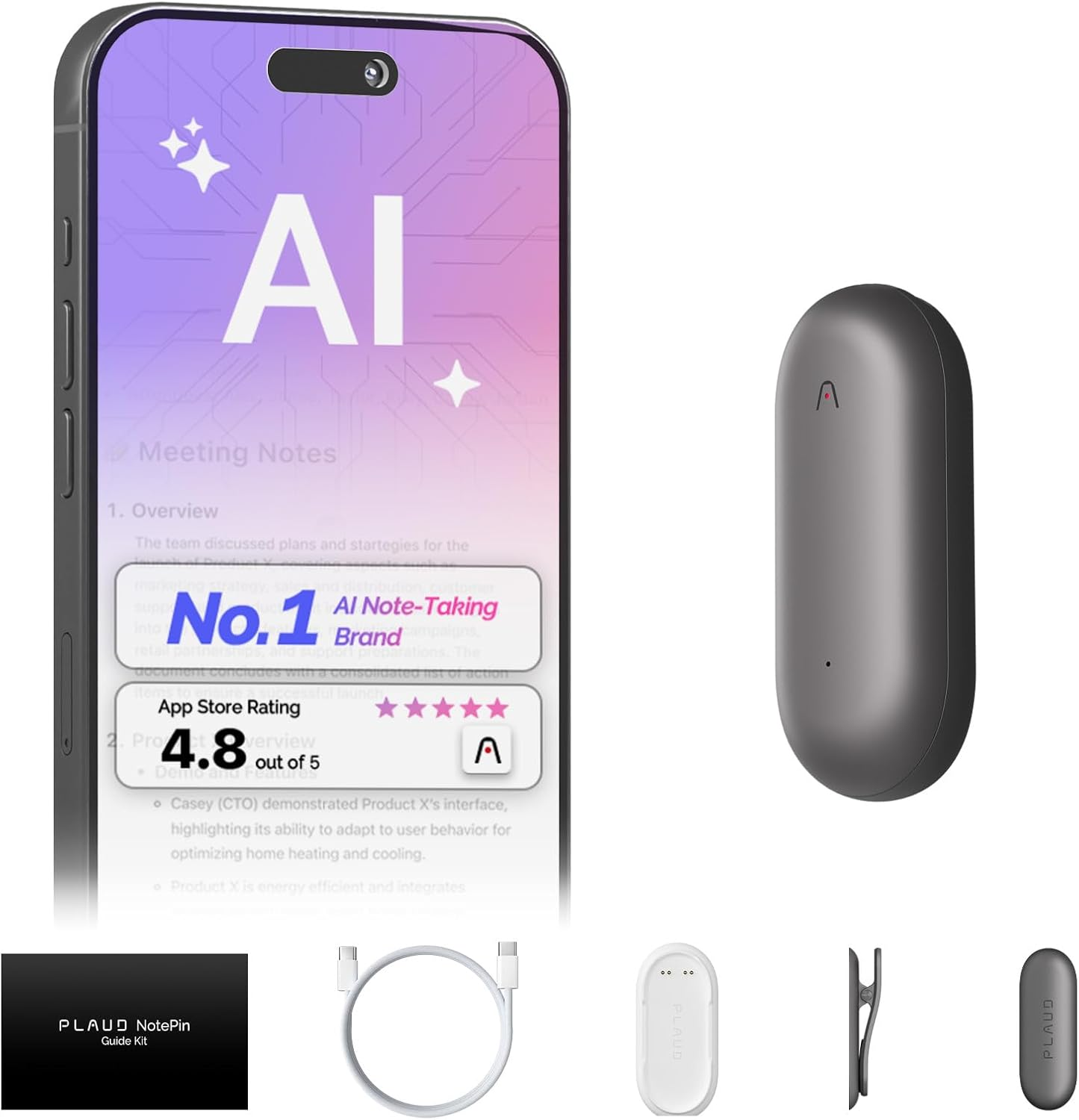 AI Voice Recorder, PLAUD NotePin Voice Recorder, App Control, AI Note Taking, AI Transcribe & Summarize, Supports 112 Languages, 64GB Memory, Audio Recorder for